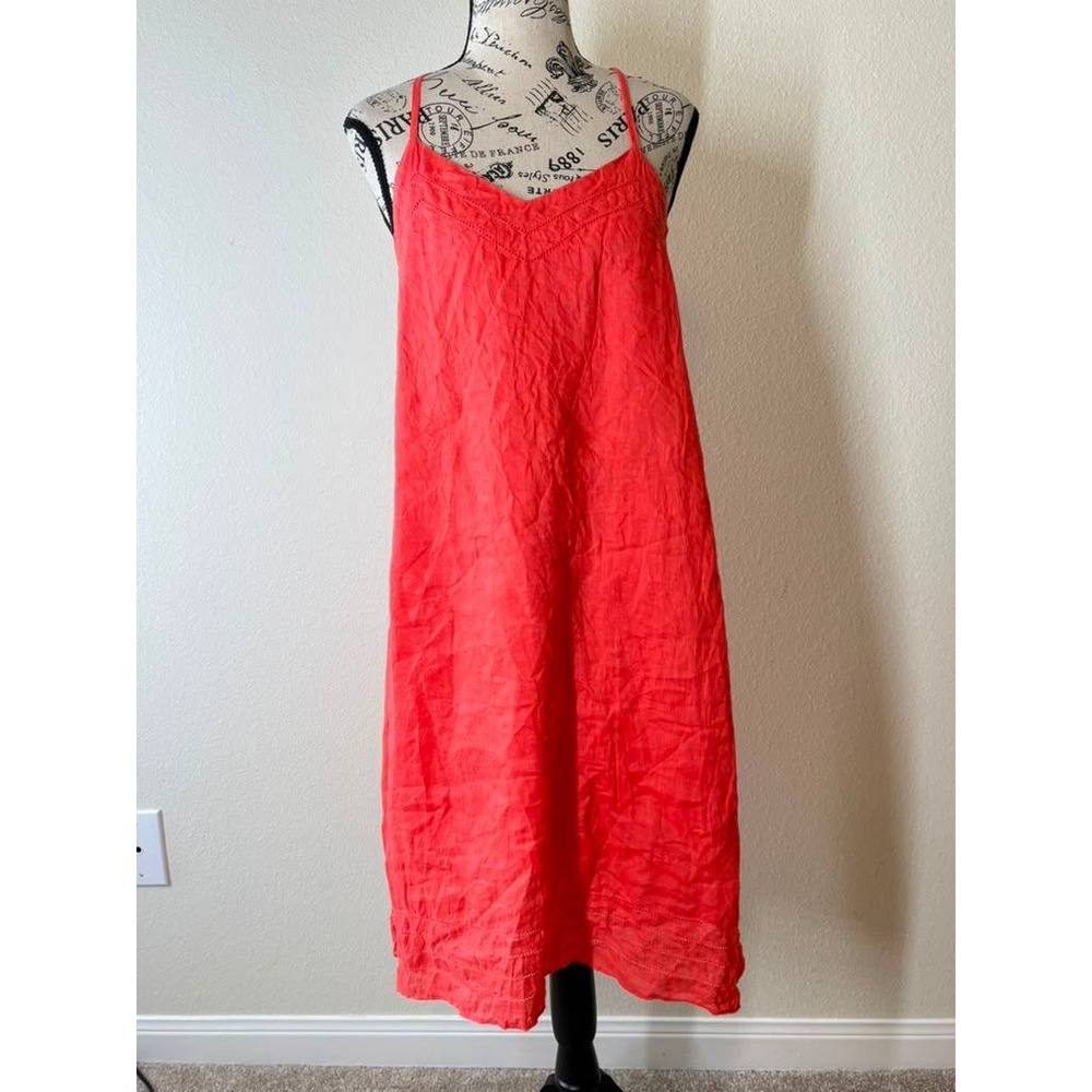 Gap Womens 0 Petite Red Orange Linen Cotton Lined Midi Dress Pockets Lace Trim
